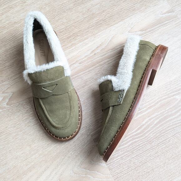NWOT Schutz Green Cow Suede Christie Furry Flat Loafer Shoes, size 7B - Picture 1 of 7